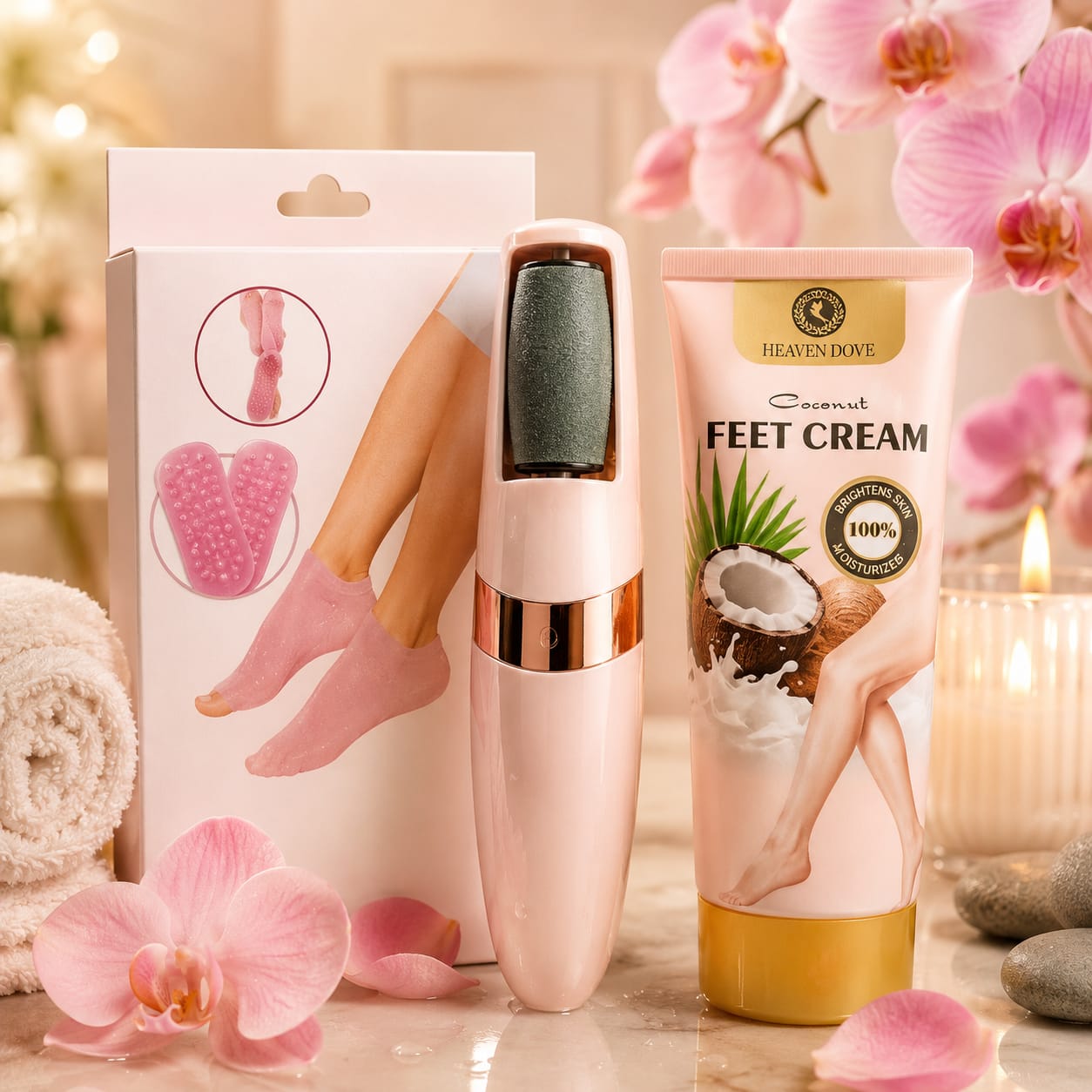 Combo Pies de Seda: Removedor eléctrico + Medias Spa Reutilizable + Crema hidratante Gratis
